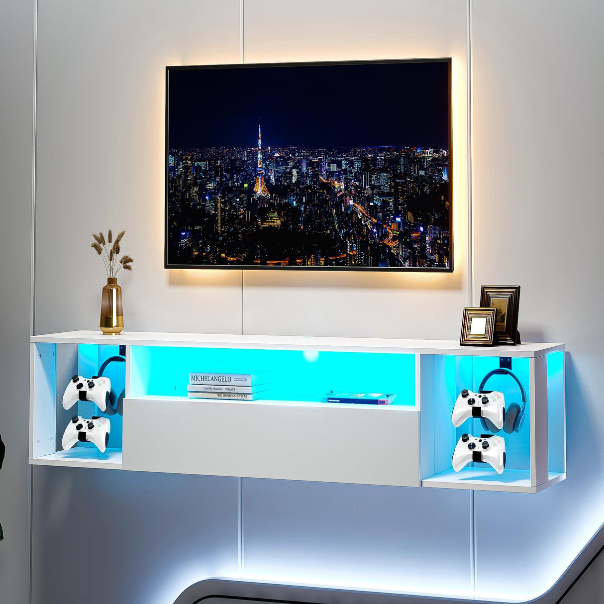 sogesfurniture 55'' Floating TV Stand Wall Mounted with Lights, Floating Entertainment Center with Lights, Modern Media Console with Storage, Wall Mounted LED TV Stand for Living Room sogesfurniture