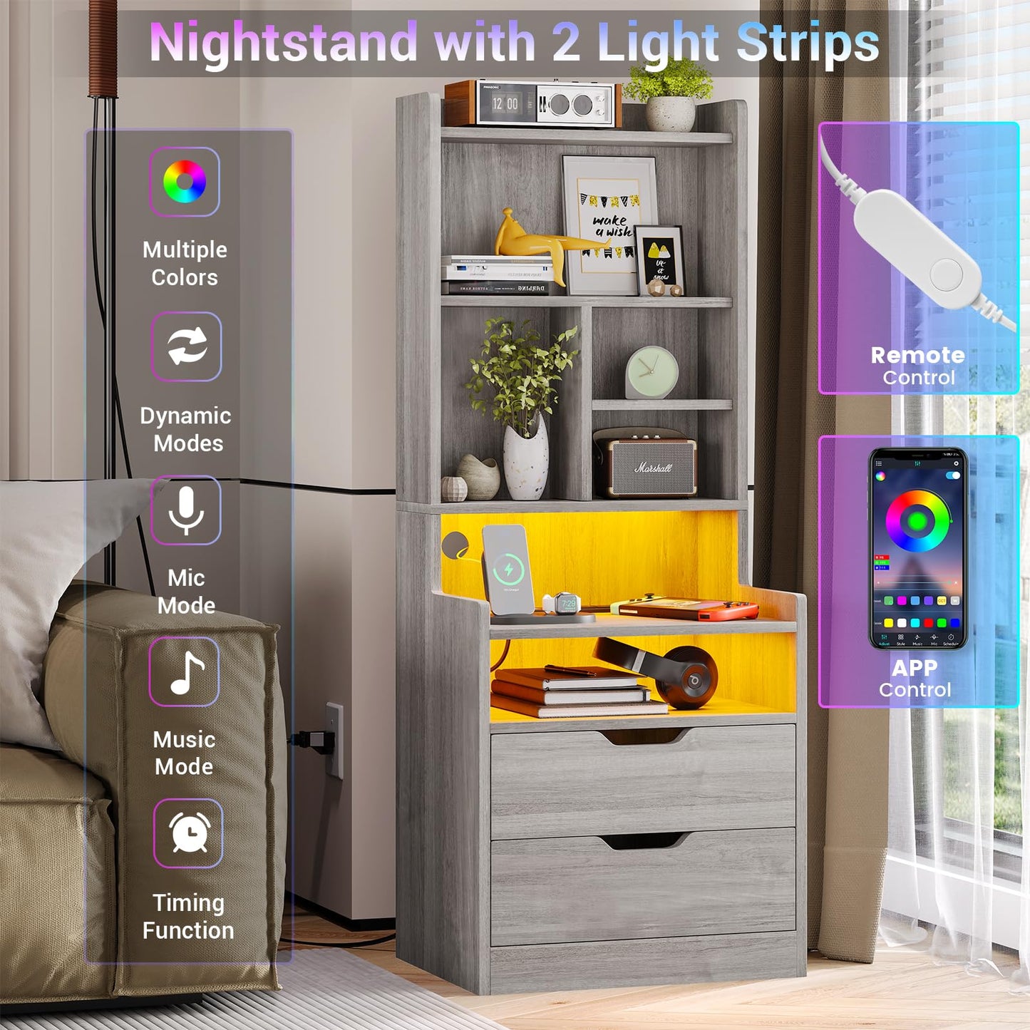 BTHFST Grey Tall Nightstand Set of 2 with LED Lights and Charging Station - WoodArtSupply