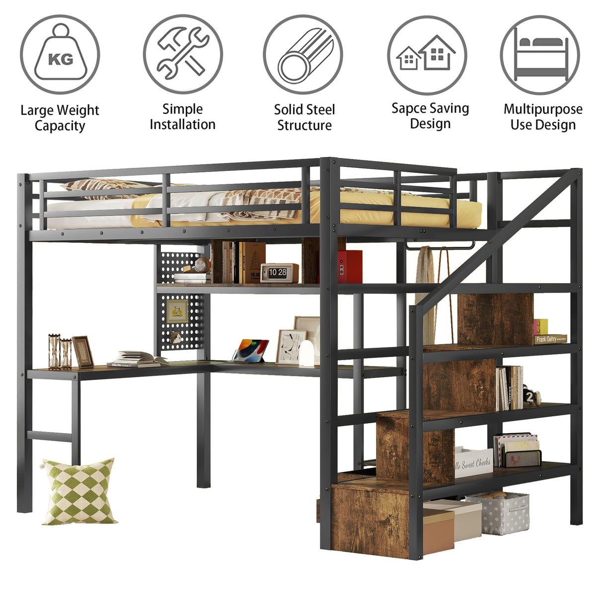 MoproBeti Full Size Loft Bed with Desk and Stairs,Metal Gaming Loft Bed with LED,Charging Station, High Loft Bed Full with Storage Shelves,Wardrobe and Drawers for Kids Teens, Adults, Black MoproBeti