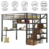 MoproBeti Full Size Loft Bed with Desk and Stairs,Metal Gaming Loft Bed with LED,Charging Station, High Loft Bed Full with Storage Shelves,Wardrobe and Drawers for Kids Teens, Adults, Black MoproBeti