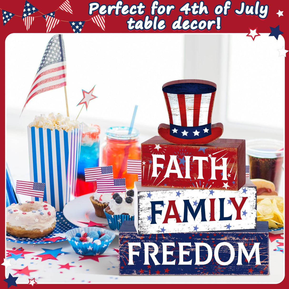 Huquary 4 Pcs Farmhouse 4th of July Patriotic Table Sign Independence Day Table Wood Decorations Patriotic Themed Rustic Farmhouse Wood Block Sign for Party Home Desk (Hat) Huquary