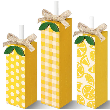 Seeloowy 3 Pcs Summer Lemon Tiered Tray Decor Summer Table Block Sign Summer Rustic Farmhouse Wooden Tabletop Sign and Centerpieces for Summer Ocean Party Home Kitchen Shelf Indoor Decor Seeloowy
