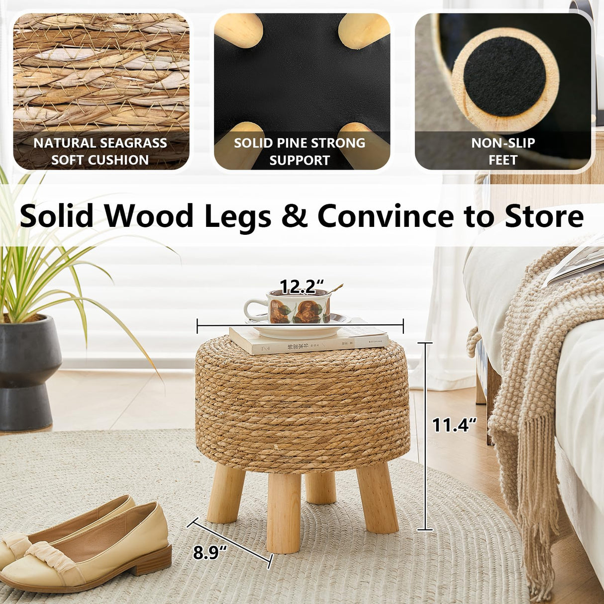 ALeesing Round Ottoman Natural Seagrass Footstool, Round Footstool with 4 Wood Legs, Hand Woven Round Footstool Sofa Stool, Multifunctional Modern Dressing Stool, Sofa Side Table for Bedroom (Nature) ALeesing