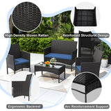 Gotland 8-Piece Outdoor Patio Furniture Set, Wicker Rattan Chairs & Sofa with Cushions and Glass Coffee Table, Conversation Set for Backyard, Lawn, Porch, Pool, Garden (Navy-1) Gotland