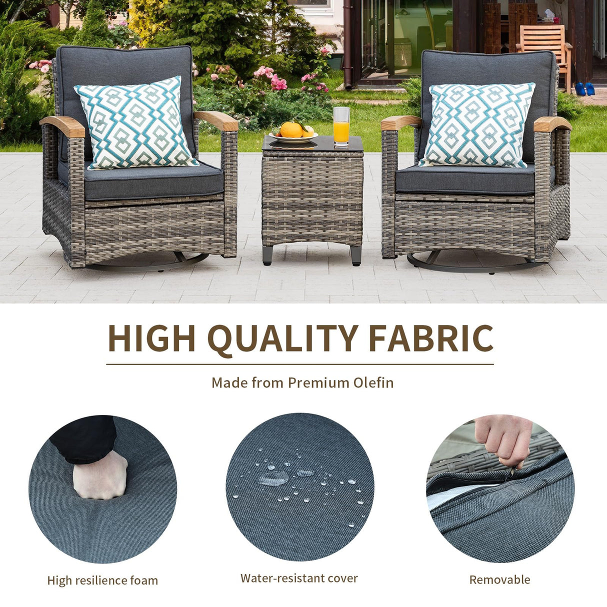 MEISSALIVVE 3 Pieces Outdoor Swivel Rocker, Patio Furniture Bistro Set with 360° Wood Armrests Swivel Rocking Chairs and Side Table for Porch,Deck,Balcony(Grey/Blue) MEISSALIVVE