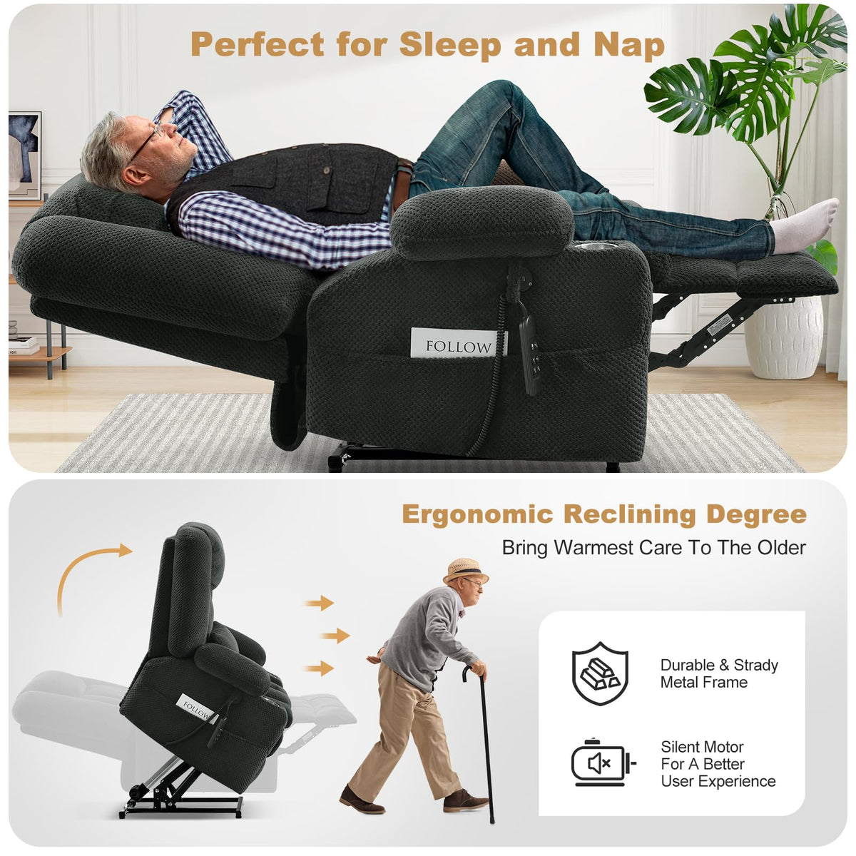 Madaha Electric Power Large Lift Recliner Chair Sofa with Massage and Heat for Elderly, Oversized Lay Flat Dual Motor Infinite Position Recliner Chair, Side Pockets, Cup Holders, USB Ports (Grey) Madaha
