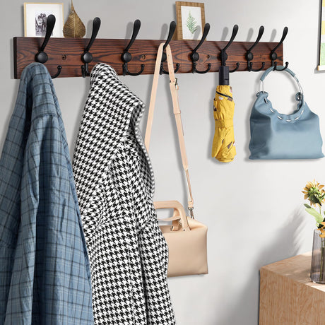 Kuhome 32.2'' Large Coat Rack Wall Mount Coat Hooks Coat Hanger with 8 Metal Black Triple- Hooks Brown Pine Real Wood Plank Hat Rack for Wall Hooks for Hanging Coat Hat Jacket Kuhome