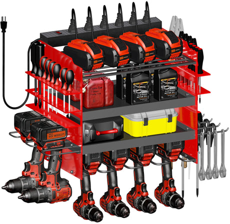 Homecor Power Tool Organizer Wall Mount with Charging Station, 4-Layer Drill Holder Heavy Duty Metal Storage Rack for Garage Organization Drill Storage Shelf, Fathers Day Dad Gifts for Dad Husband Homecor