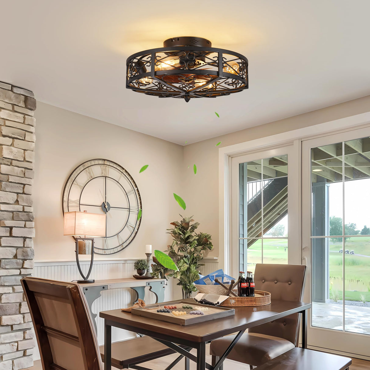 jarensen Rustic Black Caged Flush Mount Ceiling Fans with Lights and Remote Vintage Low Profile Bladeless Ceiling Fan, Reversible Motor, E26 Bulbs, 6 Speeds,for Farmhouse, Living Room, and Bedroom jarensen
