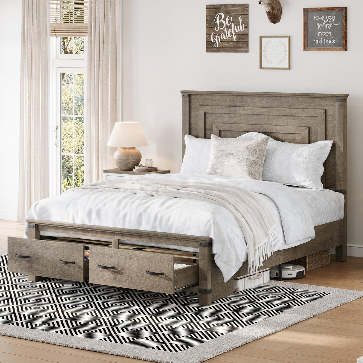 AMERLIFE Farmhouse Full Size Bed Frame with 54" Tall Geometric Headboard & Footboard, Rustic Wood Platform Bed Frame with Large Storage Drawers, Wood Slats Support, No Box Spring Needed, Rustic Grey AMERLIFE