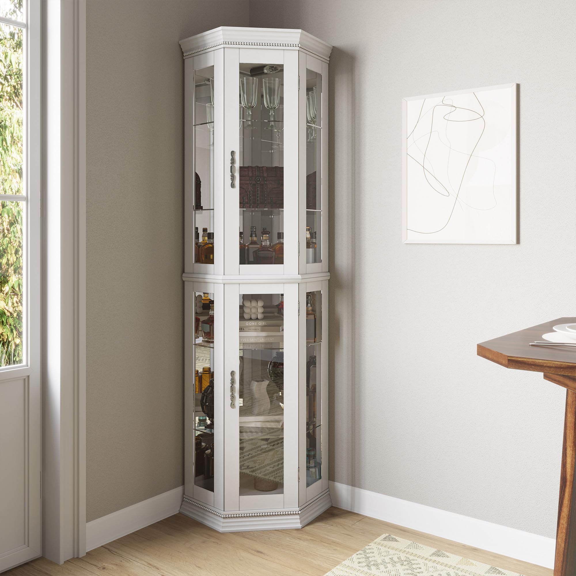 BELLEZE Lighted 3-Side Glass Display Curio Cabinet - Thumbnail 3