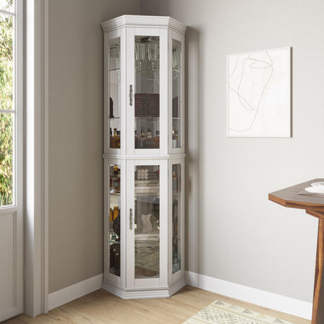 BELLEZE Lighted 3-Side Glass Display Curio Cabinet w/Tempered Glass Doors & Shelves, Accent Wooden Corner Cabinet with Bulb, Corner Storage BELLEZE