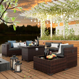 Amopatio 8 Pieces Patio Furniture Set Outdoor with Gas Fire Pit Table, PE Wicker Pit Conversation Set, 44" Gas Fire Patio Sectional Furniture with Grey Cushions, Coffee Table, Waterproof Covers Amopatio