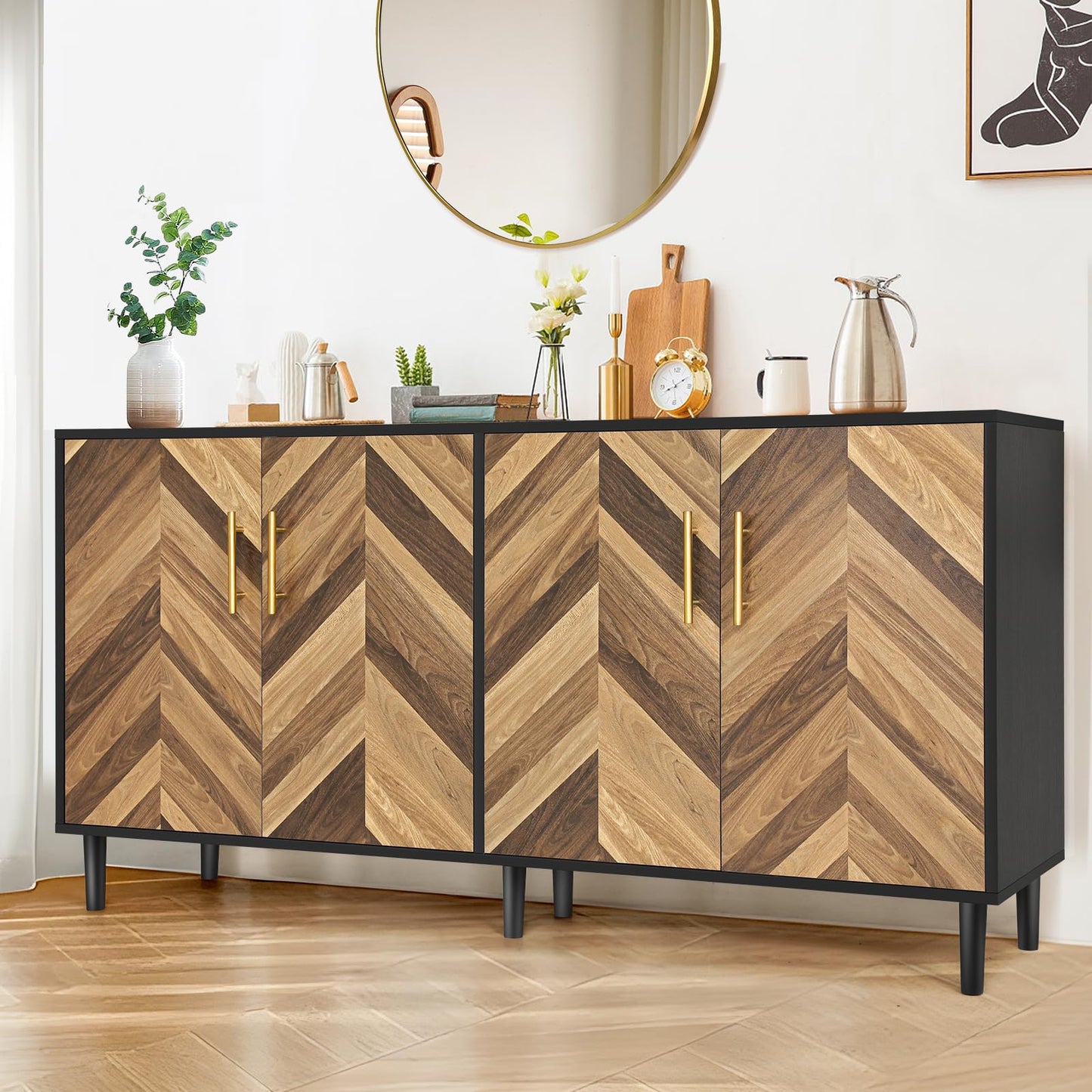 Likein Modern Sideboard Buffet Cabinet 58" with 4 Doors, Long Coffee Bar Credenza Storage Cabinet with Adjustable Shelves, Console Table for Dinning room, Living Room, Hallway, Bedroom, Black Brown