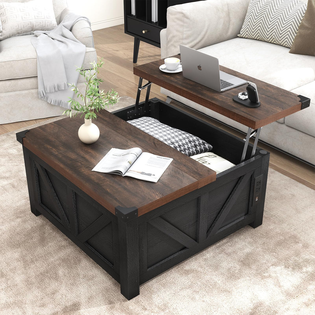 jimeimen Farmhouse Lift Top Coffee Table with Storage, Wood Square Center Table with Charging Station&USB Ports, Living Room Central Table w/Large Hidden Space, for Living Room, Bedroom,Home Office jimeimen