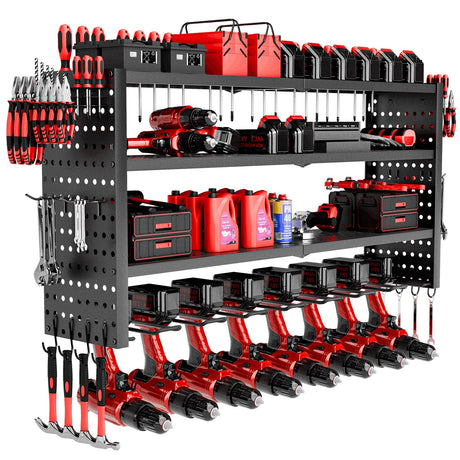 Power Tool Organizer Wall Mount, 4 Layer Heavy Duty Garage organizer Loads 280lbs, Tool Organizers with 8 Drill Hanger, Battery Tools Holder Garage Storage Organization for Workbench, Pegboard, Shed 1R2P3I