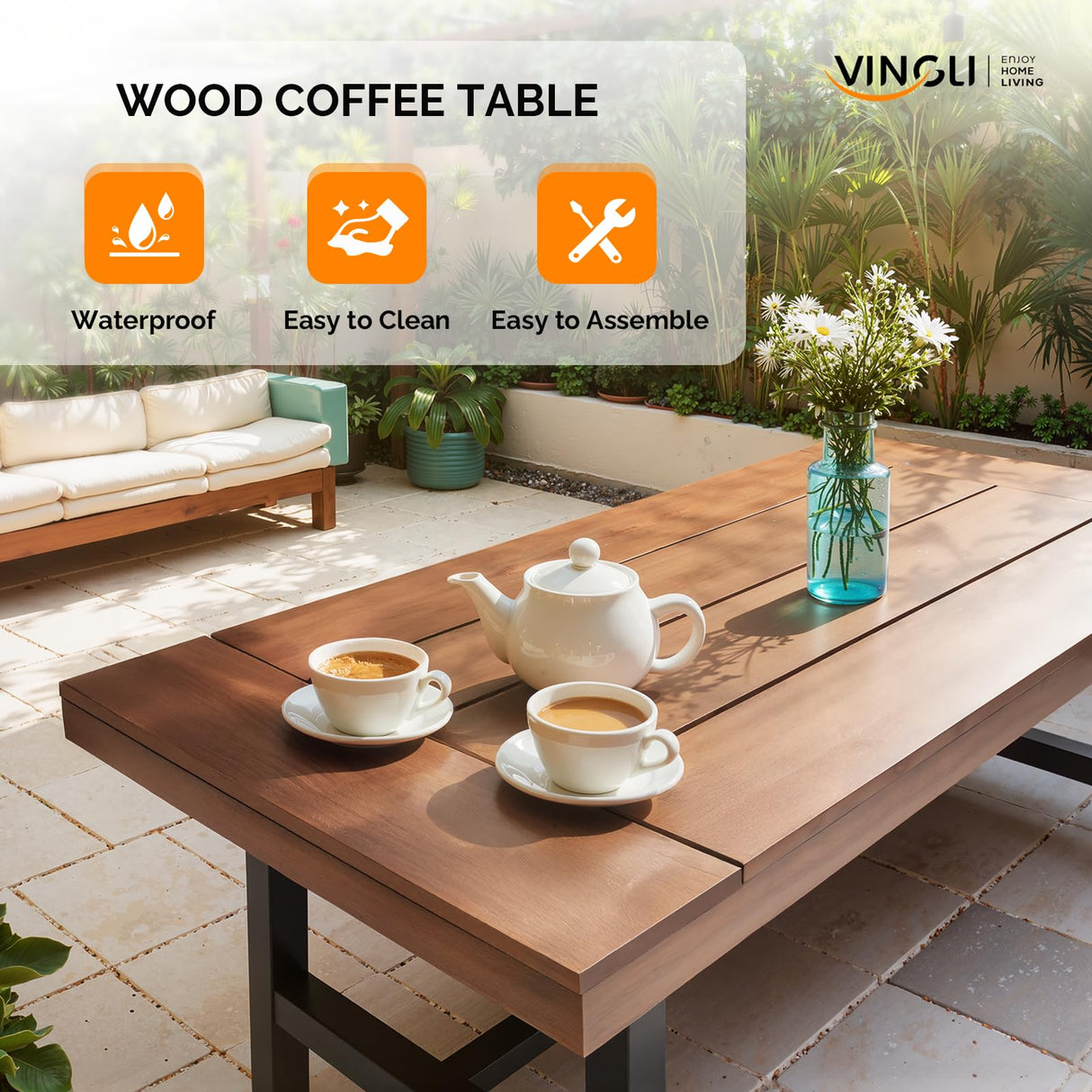 VINGLI Outdoor Wooden Coffee Table, Metal Frame Heavy Duty Patio Coffee Table for Outside, All Weather Solid Wood Low Outdoor Table for Balcony Porch and Deck, Rectangle VINGLI