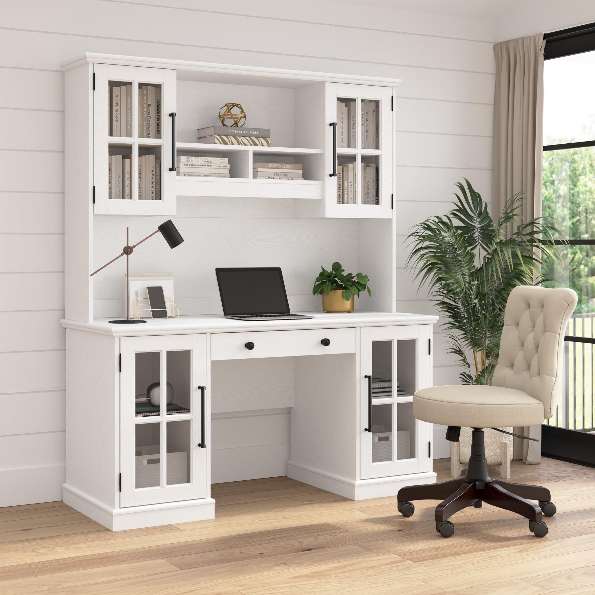 Bush Furniture Westbrook 60W Computer Desk with Storage and Keyboard Tray in White Ash | Farmhouse Desk for Home Office Workspace - WoodArtSupply