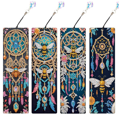 MVVMTOP 4pcs 5D Diamond Art Painting Bookmarks with Crystal Pendant, DIY Dreamcatcher & Bees, Pecial Shape Crystal Diamond Partial Art Bookmarks for Book Lovers