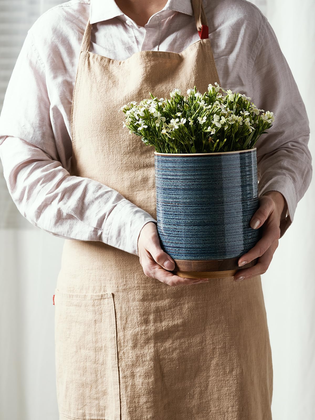 DOWAN Utensil Holder, 360° Rotating Extra Large Cooking Utensil Holder, 7.6" Kitchen Utensil Holder for Countertop, Utensil Crock for Farmhouse Kitchen Decor, Ceramic Stable Utensil Caddy, Blue DOWAN