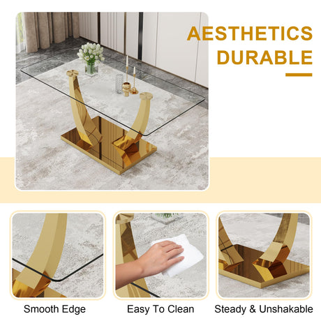 JEARGE Glass Dining Table Set for 6, Modern Kitchen Table Set for 6, 71" Tempered Glass Tabletop with U-Shaped Gold Base, 7 Ppiece Large Dining Room Table Set with White PU Leather Chairs JEARGE