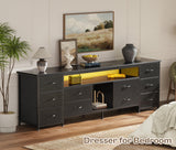 Huuger 70.9 Inch LED TV Stand Dresser with Power Outlets, USB-C Port and LED Lights, 10 Fabric Drawer Dresser for Bedroom, Long Entertainment Center for 75, 80 Inch TV, Open Shelves, PU Leather, Black Huuger