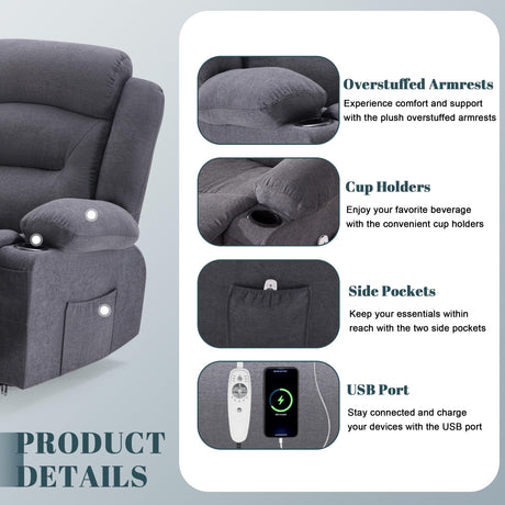 Reedvales Oversized Recliner Sofa with Heat and Massage, Big Large 3-Seater RV Recliner Couch Sofa for Living Room, Wall-Hugger Reclining Sofa with Cup Holders and USB Port (Fabric, Grey) Reedvales