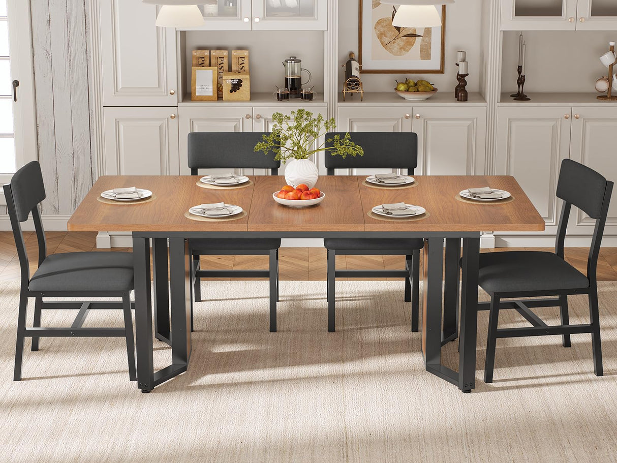 Itaar 5-Piece Dining Table Set for 4-6 People, 63" Extendable Kitchen Table and 4 Cushion Chairs, Dining Room Table with MDF Board & Metal Frame for Small Space, Easy Clean, Brown Itaar