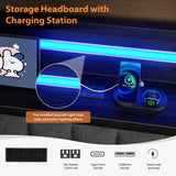 Daybed with Trundle and LED Light, Heavy Duty Metal Full Bed Frame with Upholstered Storage Headboard & Charging Station, Day Bed Pop Up Trundle Bed for Living Room,Bedroom and Guest Room, Black Jocoevol