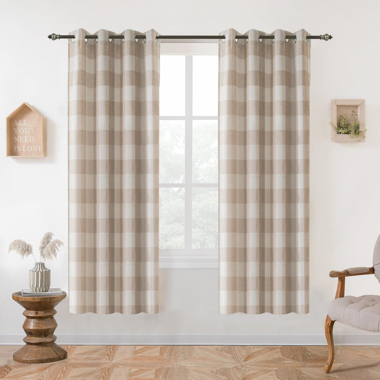 DriftAway Buffalo Plaid Check Curtains Woven Plaid Pattern Lined Blackout Thermal Insulated Window Curtain Grommet 2 Layers 2 Panels 52 Inch by 63 Inch Taupe DriftAway