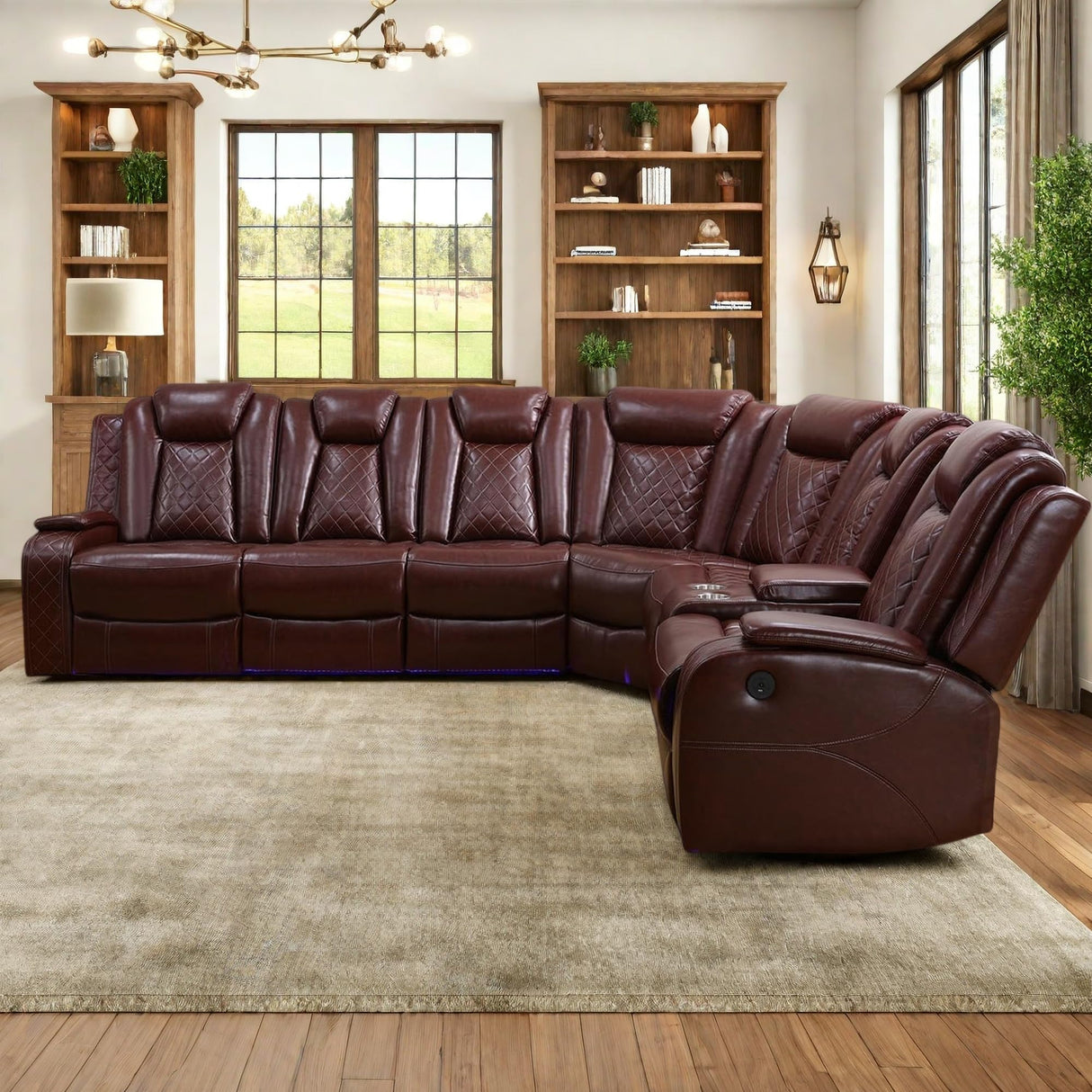 Power Recliner Sofa Sectional Sofa with LED Light for Living Room, Air Leather Reclining Corner Sectional Sofa Set, Cup Holder, Storage Console for Home Theater Seating (Burgundy, Sectional+Chair) AYCP Furniture