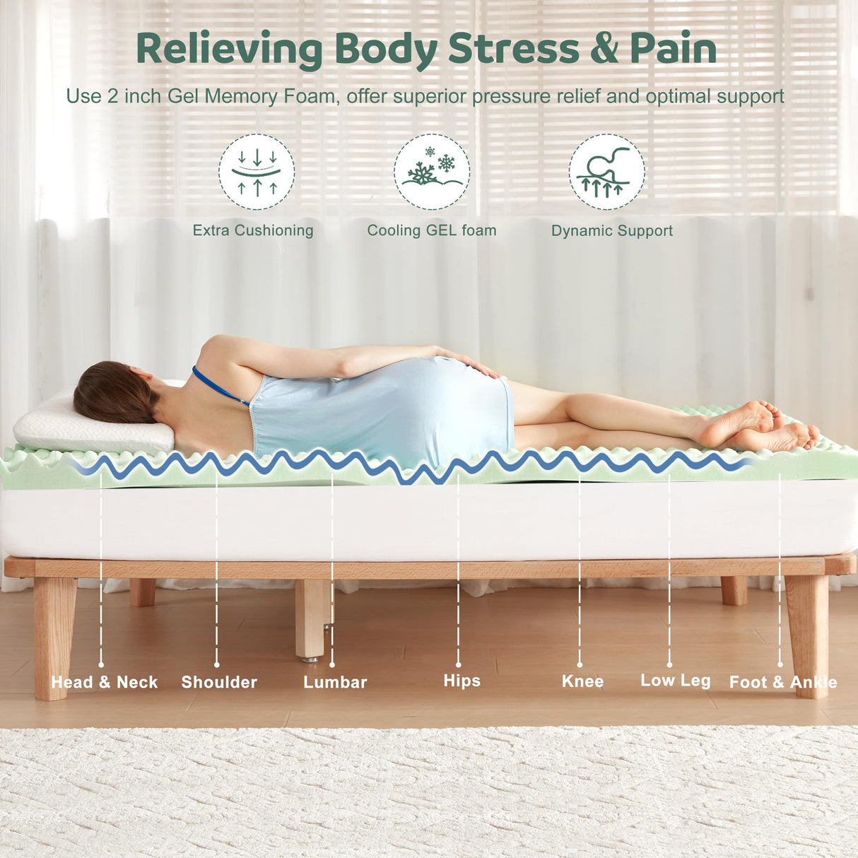 Lazyzizi Memory Foam Mattress Topper Queen, 4inch Dual Layer Cooling 2''Gel Green Tea Memory Foam & 2" Pillow Top Mattress Pad, 8-21inch Deep Pocket, Egg Crate for Back Pain Relief Lazyzizi