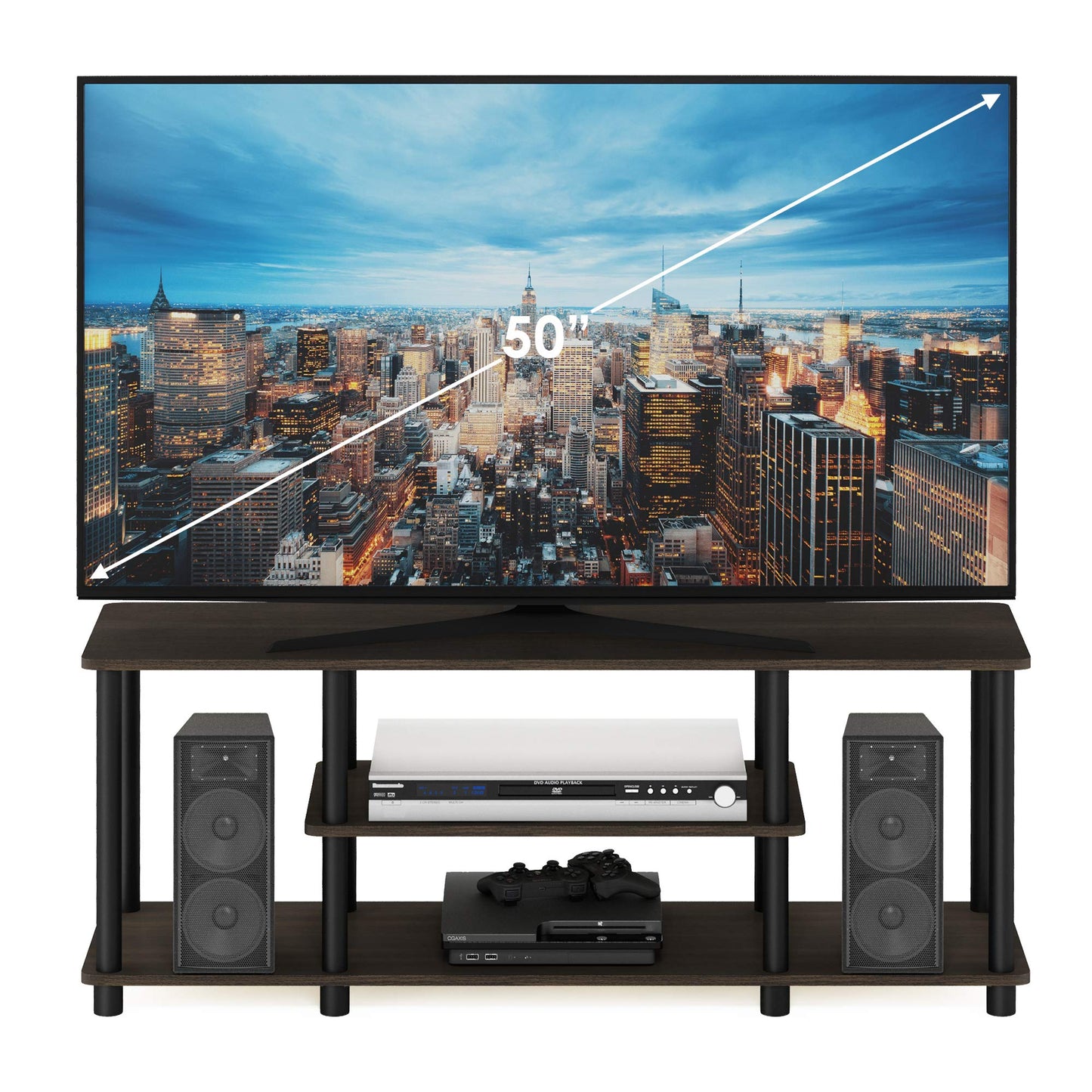 Furinno Turn-N-Tube No Tools 3D 3-Tier Entertainment TV Stand up to 50 inch TV, Round Tubes, Dark Brown / Black