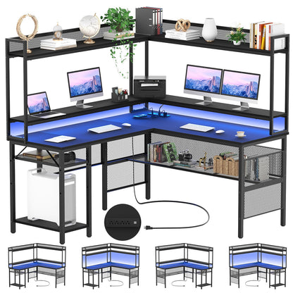 Unikito Reversible L-Shaped Desk with Power Outlets, RGB LED Lights & Storage Shelves in Black - WoodArtSupply