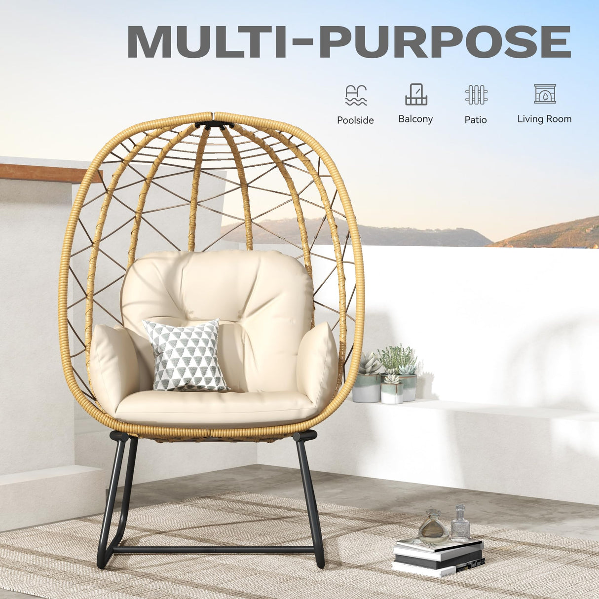 DWVO Egg Basket Chair Patio Chair with Stand Anti-Slip All-Weather Poratble Wicker Egg Lounger Chair for Indoor Outdoor 330LBS (Beige) DWVO