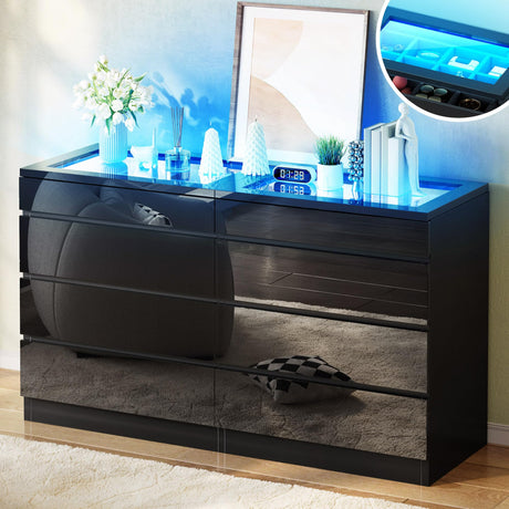 DWVO 8 Drawer Dresser with LED, Black Dresser, Modern 8 Chest of Drawers with Deep Drawers Glass Top High Gloss Surface, Storage Organizer Cabinet for Living Room DWVO
