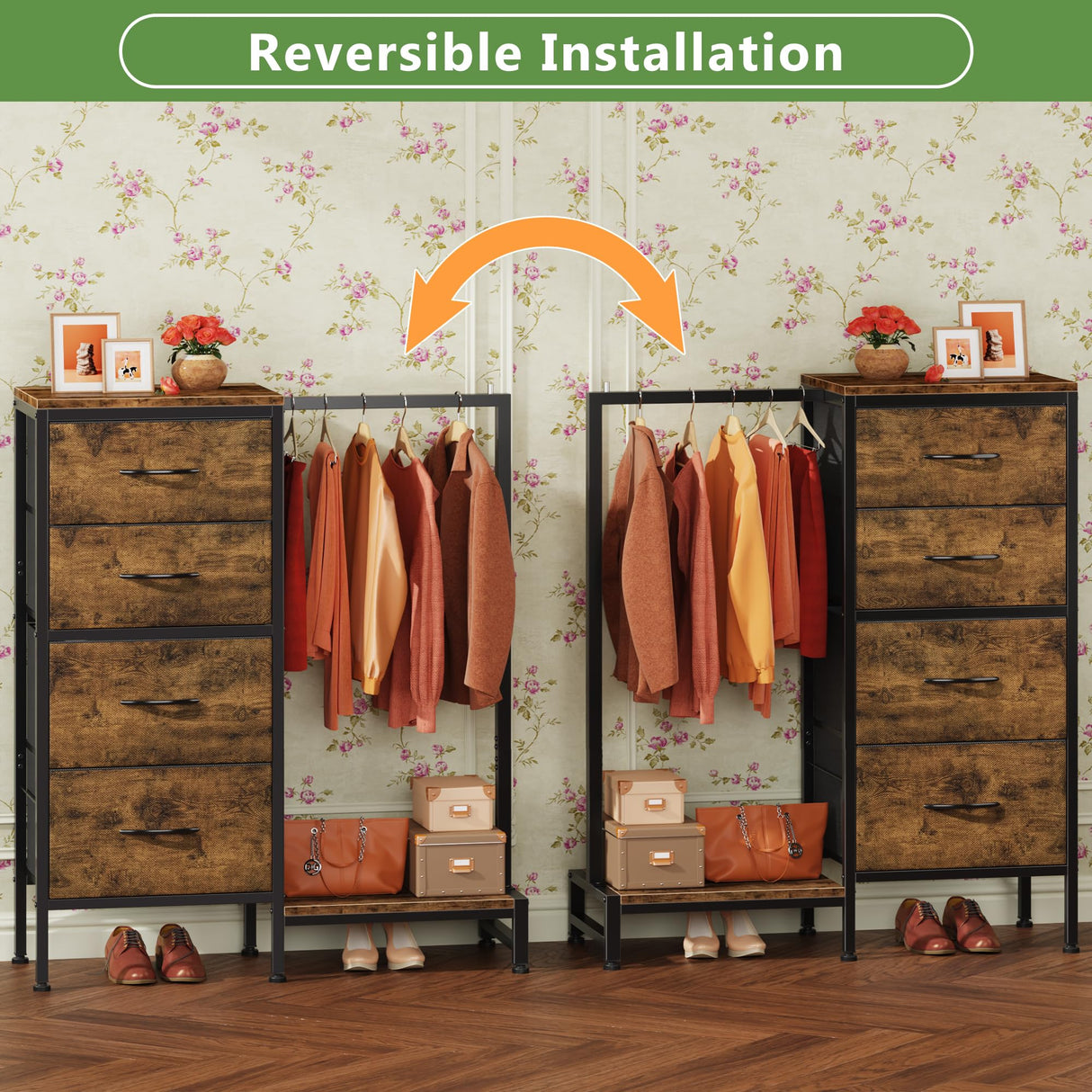 HIGDBFE Dresser with Hanging Rack, 4 Drawers Small Closet for Bedroom, Reversible Fabric Kids Chest of Drawers with Clothes Rack, Tall Storage Tower, Sturdy Frame, Rustic Brown, 44''H HIGDBFE