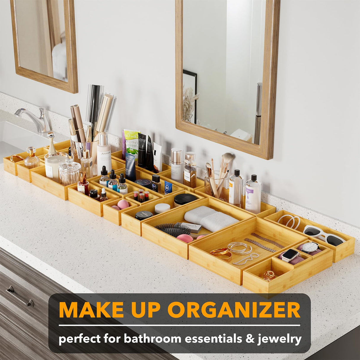 SpaceAid 21-Piece Bamboo Drawer Organizer Storage Boxes Set, Wood Tray Junk Drawer Organizers Multi-Use Divider Bins for Kitchen, Bathroom, Office Desk and Makeup Organization (21 Pack, Natural) SpaceAid