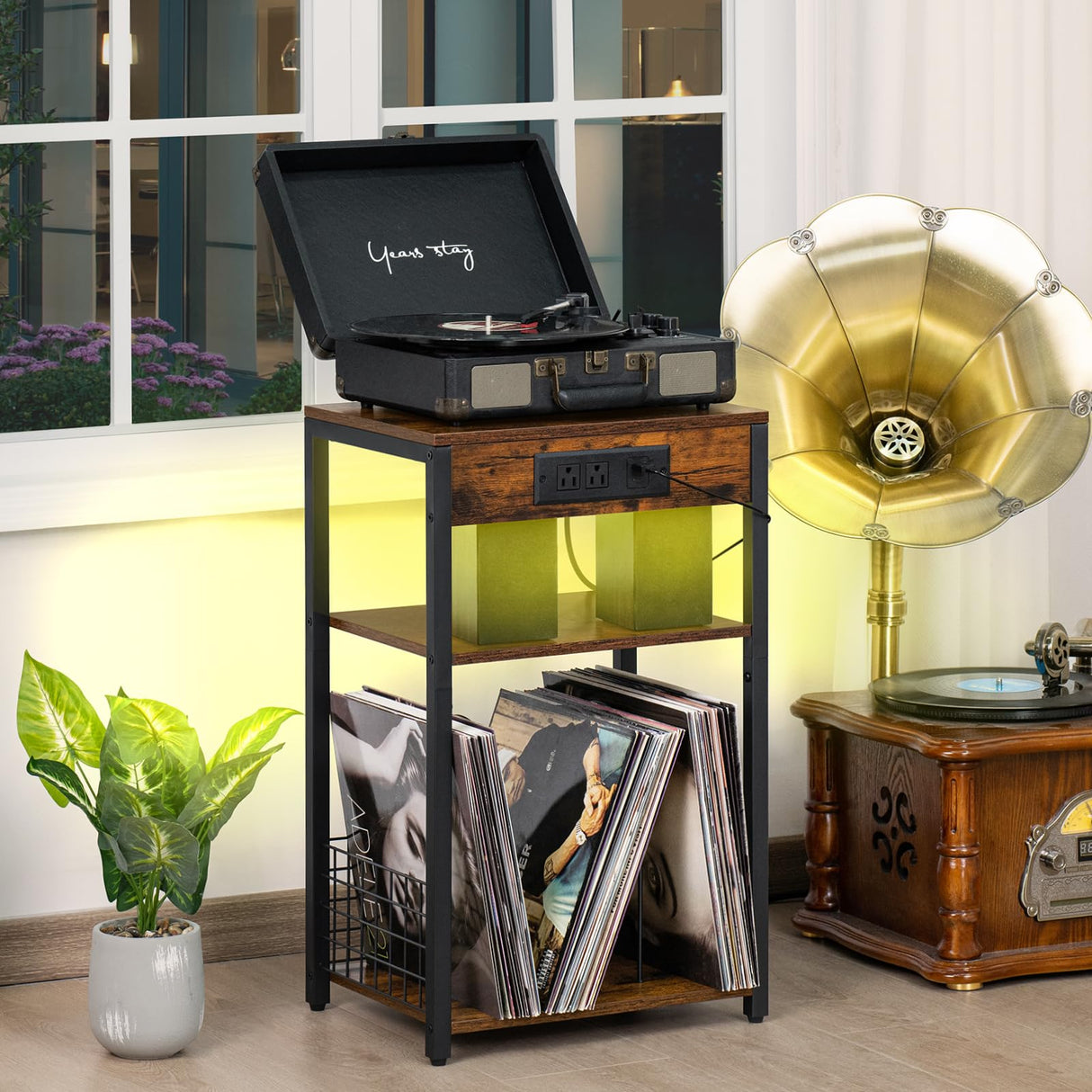 LELELINKY Brown Record Player Stand with LED Light & Charging Station LELELINKY