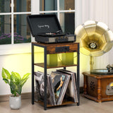 LELELINKY Brown Record Player Stand with LED Light & Charging Station LELELINKY