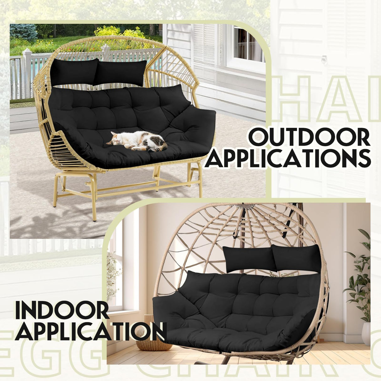 DANGHOOGY Outdoor Double Egg Chair Cushions, Waterproof Wicker Egg Chair Replacement Cushion, Thickened Hanging Chair Cushion, 65x47x7 Inches (Black) DANGHOOGY