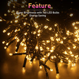 Quntis LED Christmas Cluster Lights, 760 LEDs 25FT Outdoor Waterproof Black Wire Christmas Firecrackers String Lights, 8 Modes Warm White Twinkle Fairy Lights Decor for Indoor Xmas Tree Wedding Party Quntis