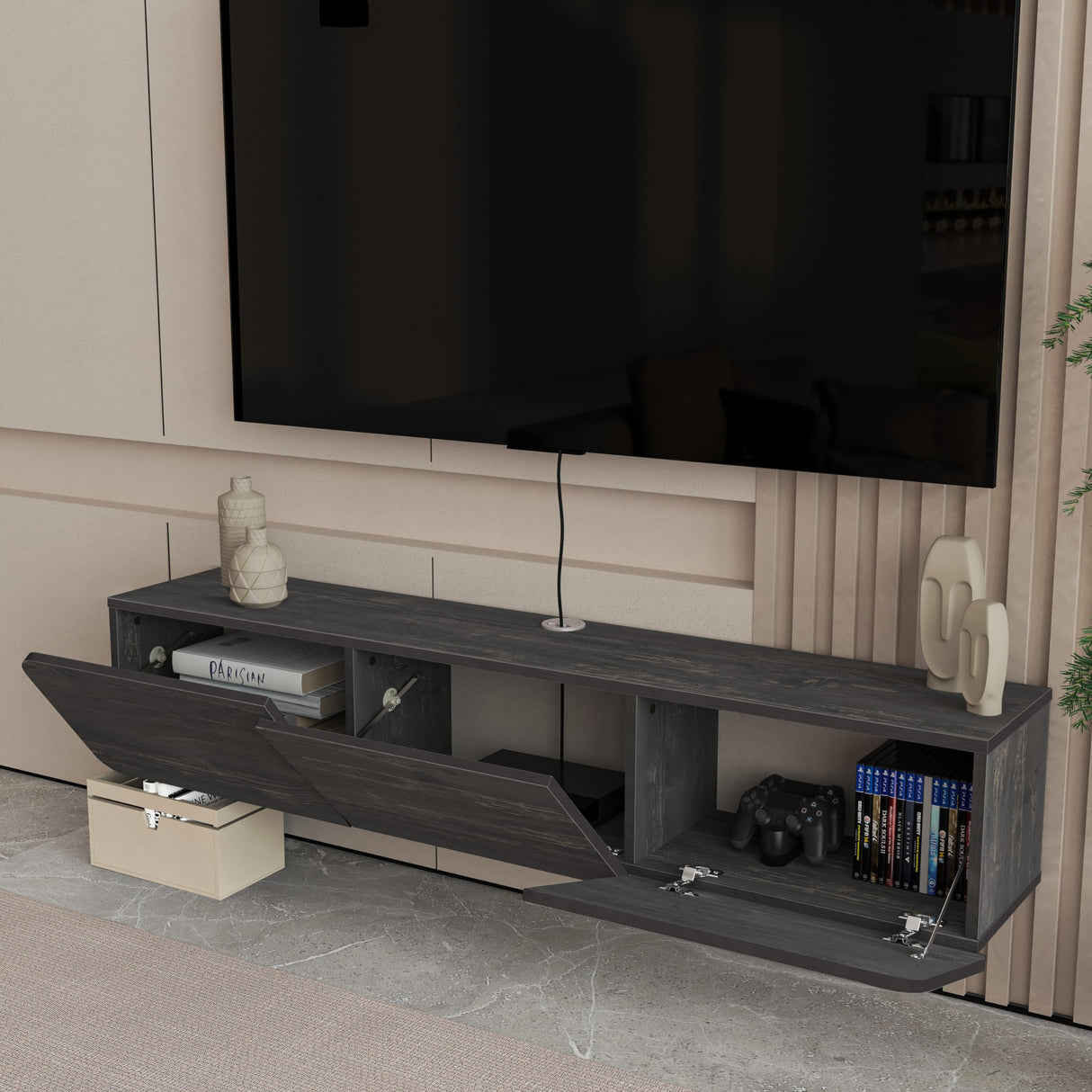 Atelier Mobili Floating Wall TV Stand, Floating Entertainment Center, Modern Floating Media Console, Floating TV Stand 65 inch for up to 80 inch TV and TV Stand Floating, Onesize, Black ATELIER MOBILI THE LEADER OF THE INTERCHANGEABLE FURNITURE
