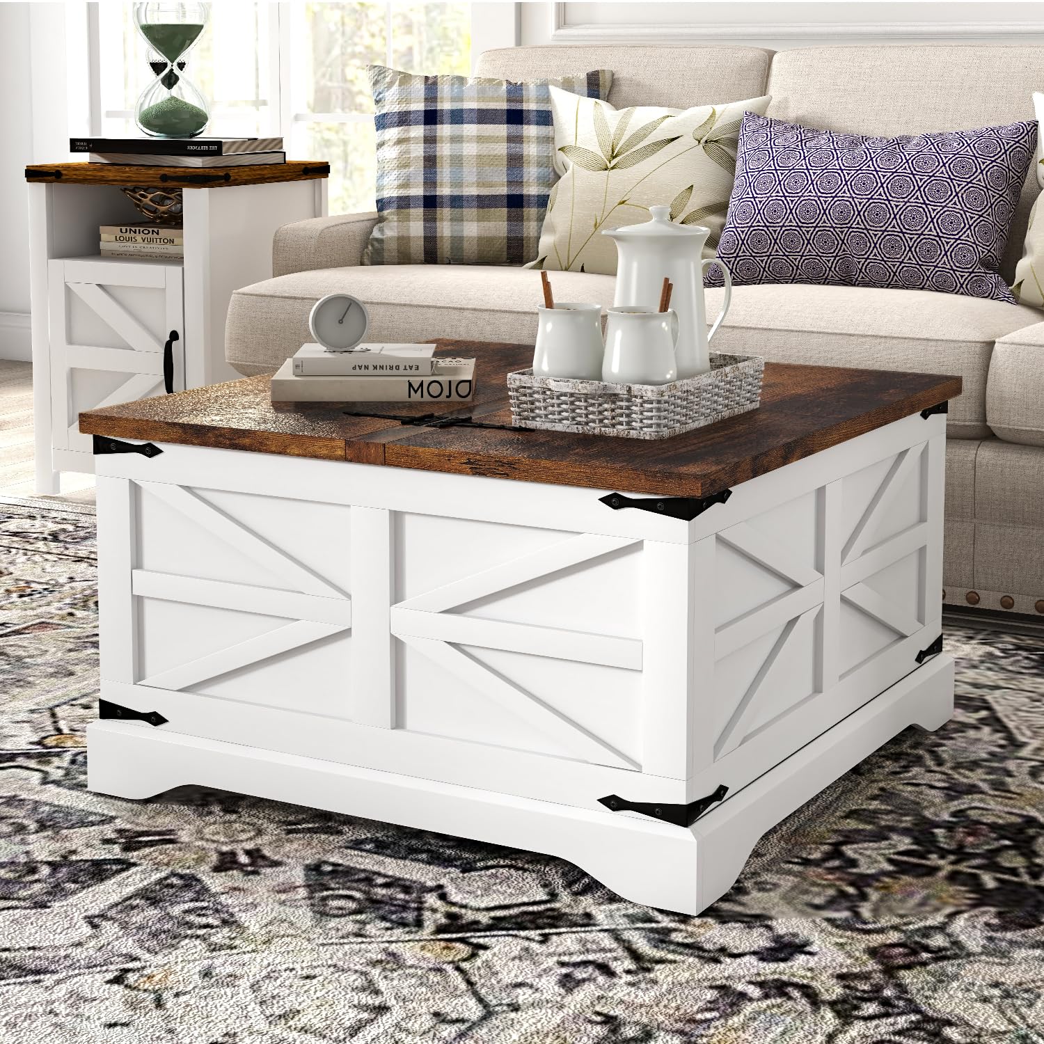 oneinmil Modern Farmhouse Coffee Table, Square Wood Center Table with Large Storage Space, Metal Corners, Z Shape, White - WoodArtSupply