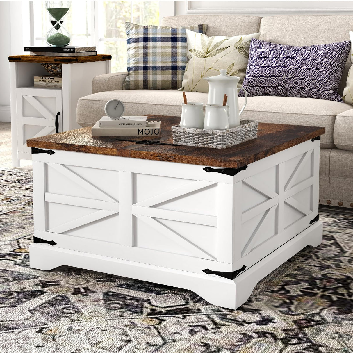 oneinmil 3-Piece Farmhouse Table Set Includes 31” Coffee Table and Side Tables with Storage Space, Retro Tables for Living Room, White oneinmil