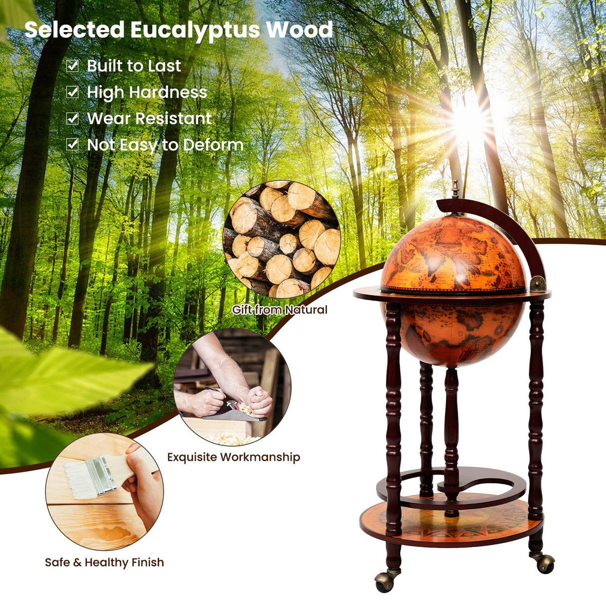 COSTWAY Globe Wine Bar Cabinet, Italian Replica Bar Cart with Wheels and Liquor Bottle Shelf, Solid Wood Wine Bar Stand for Home, Kitchen, Bar, Pub (Brown) COSTWAY