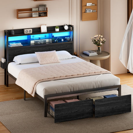 Furnulem Full Size Bed Frame with Wood Headboard, Metal Platform Bed Frame Full Size with Storage Drawers and Shelf, LED Lights and Charging Station, No Box Spring Needed, Noise Free, Black Furnulem