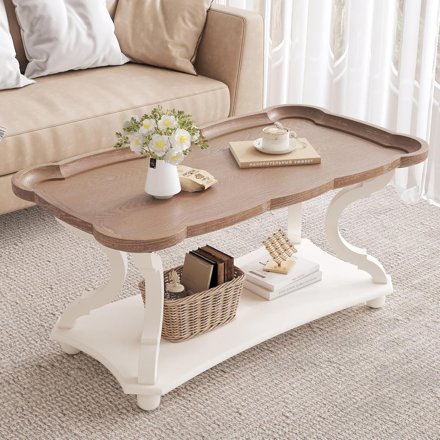 Function Home Farmhouse Coffee Table, Modern Cocktail Table with Storage Shelf, Sofa Table with Natural Tray Top and Carved Legs for Living Room, Bedroom, Dining Room in Vintage White - WoodArtSupply