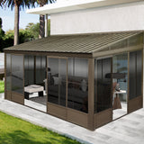 Domi Lean-to Sunroom 12x14FT, Wall Mounted Solarium with Galvanized Steel Sloping Roof, Moveable PVC Screen, Front Door&Side Sliding Door, Aluminum Gazebo Against Wall Sun Room for Patio Deck domi outdoor living
