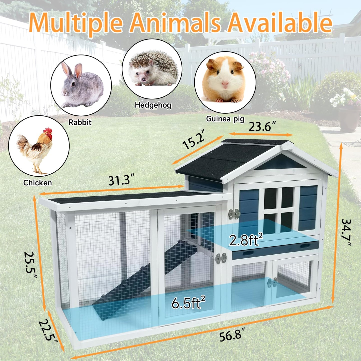 RUNSHED Rabbit Hutch 2-Story Bunny Cage Small Animal House for Indoor Outdoor Wooden Rabbit Cage with No Leak Tray Waterproof Roof (56.8" L x 22.5" W x 34.7" H, Grey Blue&White) - WoodArtSupply